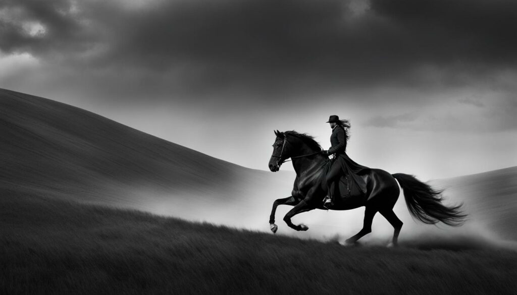 riding a black horse